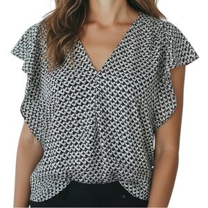 WHITE HOUSE BLACK MARKET Printed Flutter Sleeve V-Neck Print Blouse Size Large